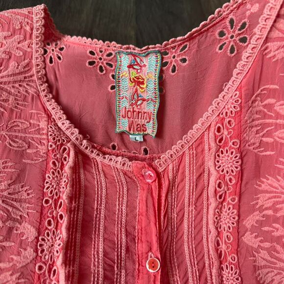 Johnny Was Pink Eyelet Blouse Embroidered Lace Button Up Sleeveless Top Sz Large - Picture 5 of 6